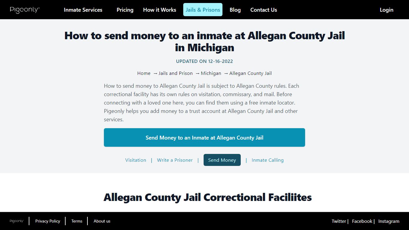 Send Money to Inmate Allegan County Jail, Michigan | Pigeonly